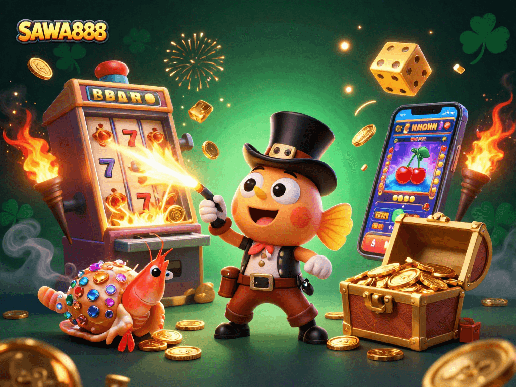 Engage with SAWA888’s thrilling slots as the anglerfish attracts coins amidst vibrant casino elements.