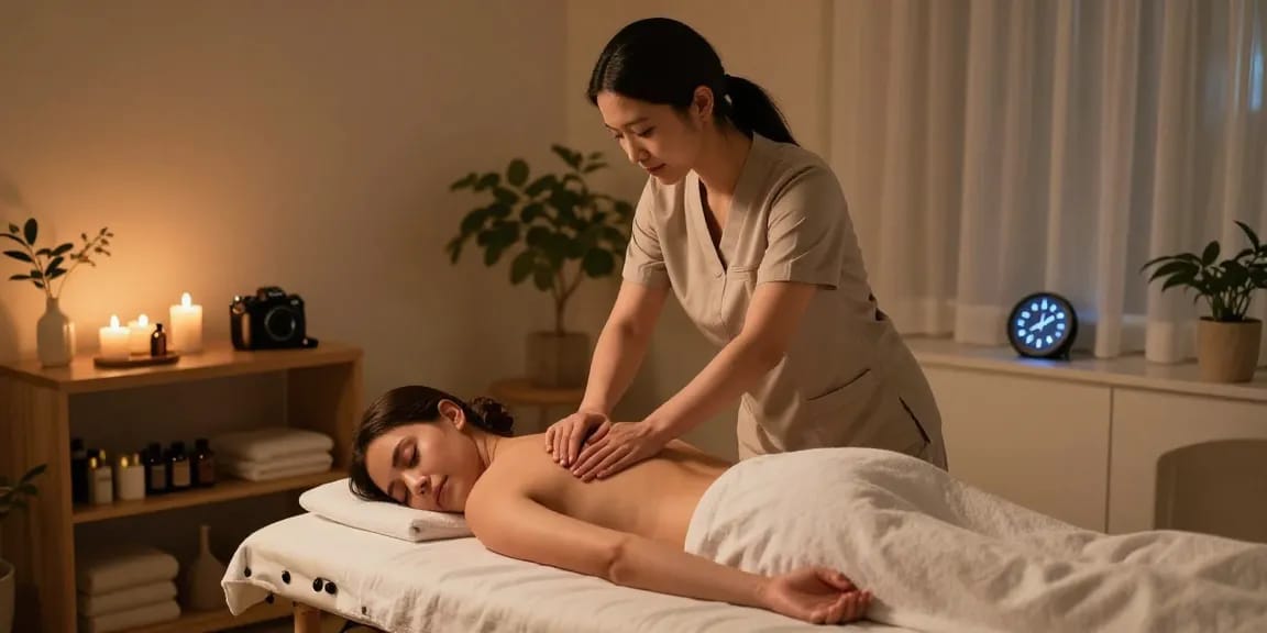 Massage therapist providing 출장안마 in a serene home spa setting with warm lighting.