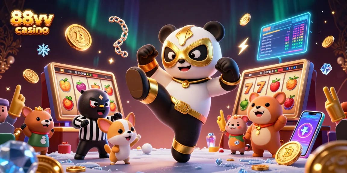Experience thrilling gameplay at 88vv casino where a panda wrestler takes center stage amidst exciting slot elements.