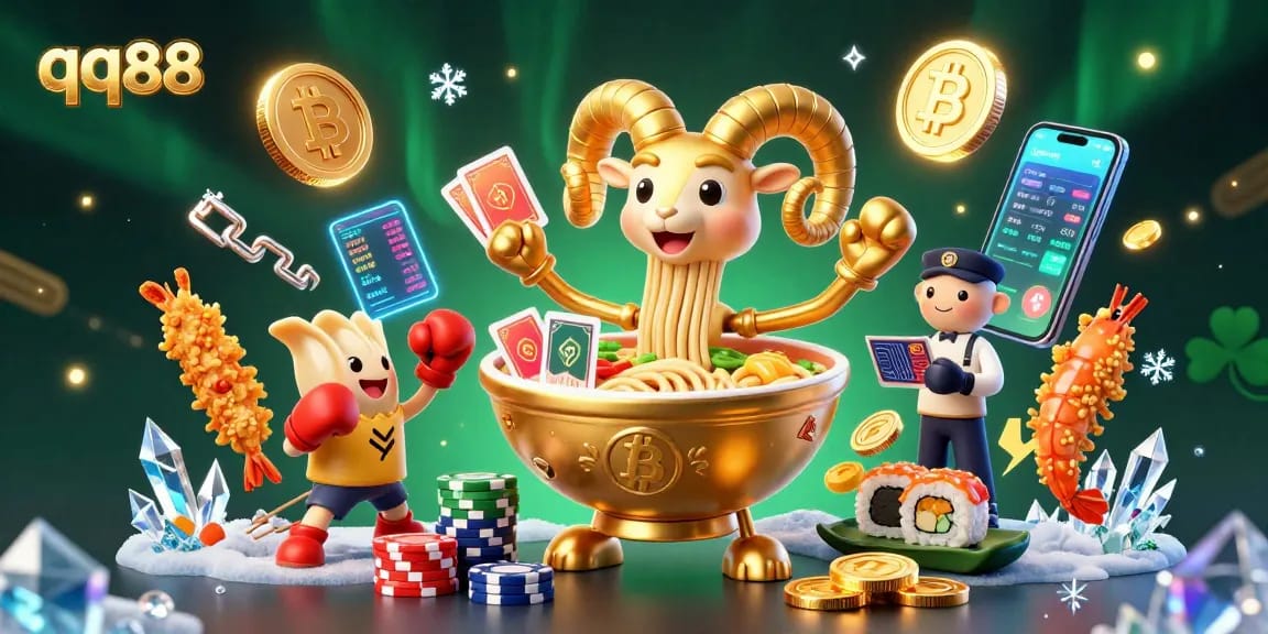 Experience the thrill of qq88 with a vibrant 3D casino scene filled with animated characters and cryptocurrency elements.