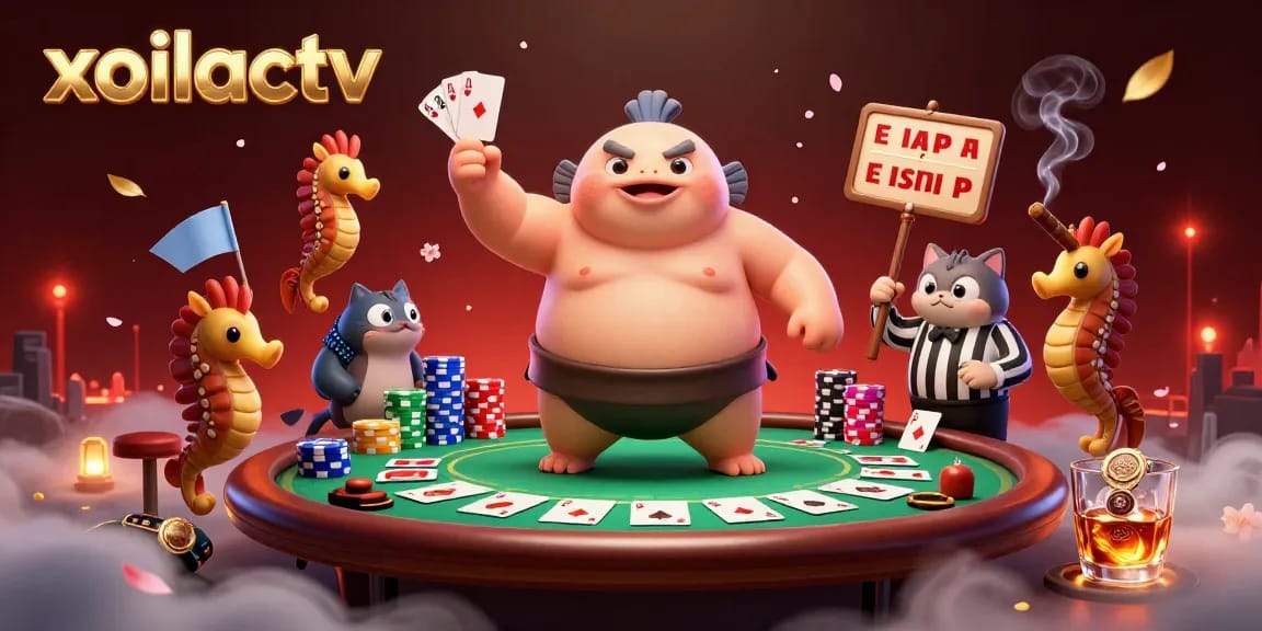 Experience the thrill of gambling with xoilactv, featuring vibrant 3D characters in a dynamic casino scene.