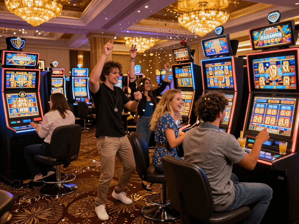 Friends celebrating a slot jackpot win in a vibrant casino atmosphere.