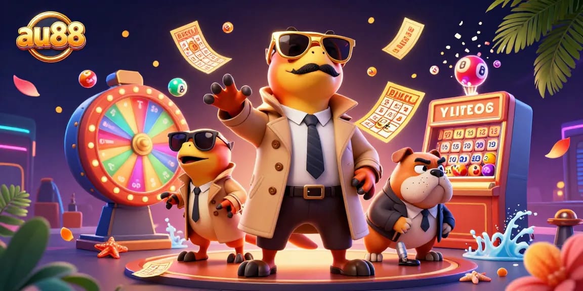 Experience thrilling gameplay at au88 with raptors sneaking into a VIP lounge amidst colorful lottery elements.
