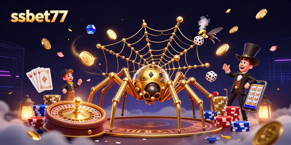 Spin the reels with ssbet77's vibrant 3D illustration of a steampunk spider and exciting casino elements.