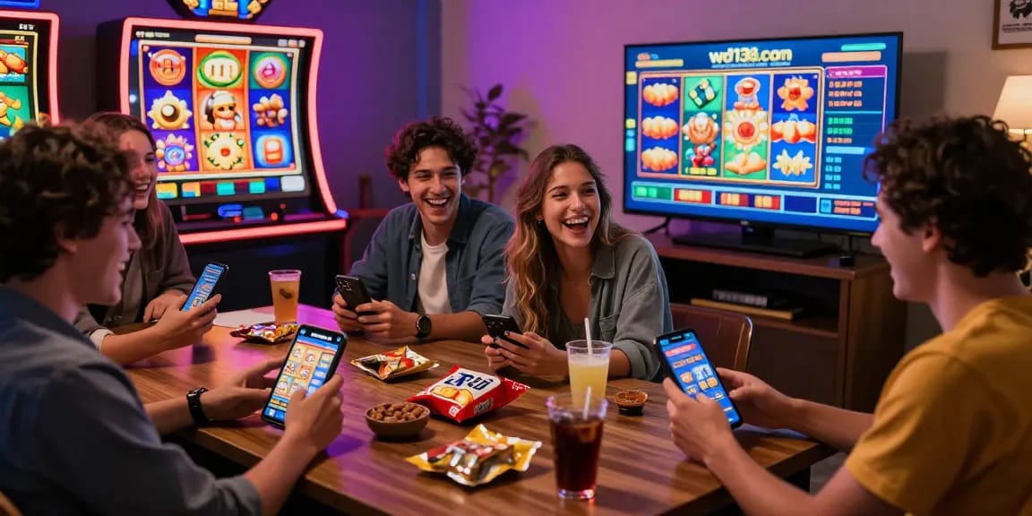 Friends enjoying slot games on wd138.com in a cozy gaming environment with colorful graphics.