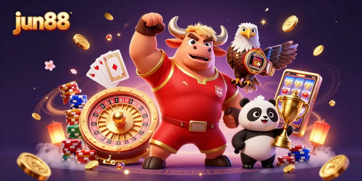Experience exciting wins at jun88 with joyful characters celebrating and dazzling casino elements.