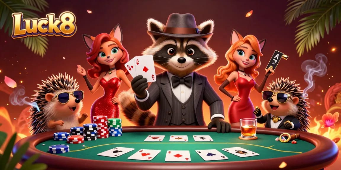 Luck8 showcases a suave raccoon and companions at a poker table, celebrating winning hands.