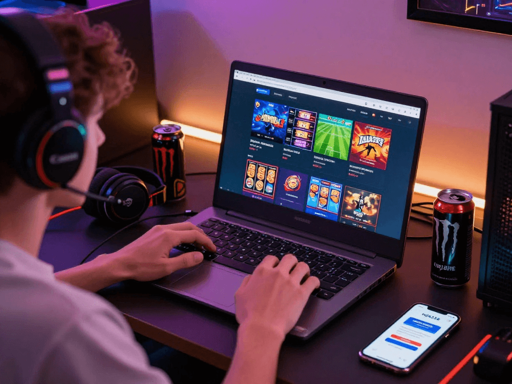 Enthusiastic player accessing the raja328 link while enjoying various online gaming options in a cozy setting.