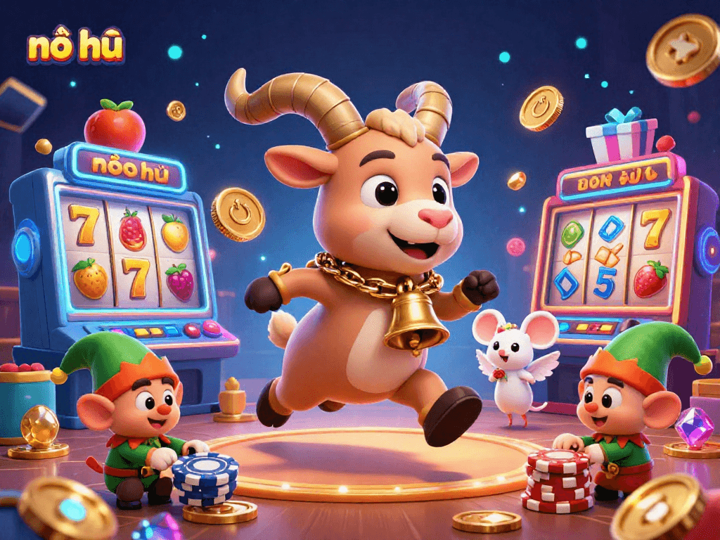 Experience the thrill of nổ hũ with vibrant 3D slot machines and playful characters in a festive casino setting.