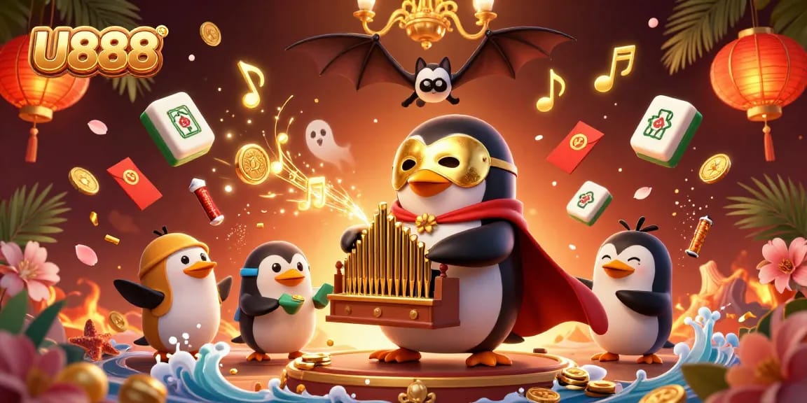 Play exciting slots at U888 with floating mahjong and golden symbols in a vibrant casino scene.