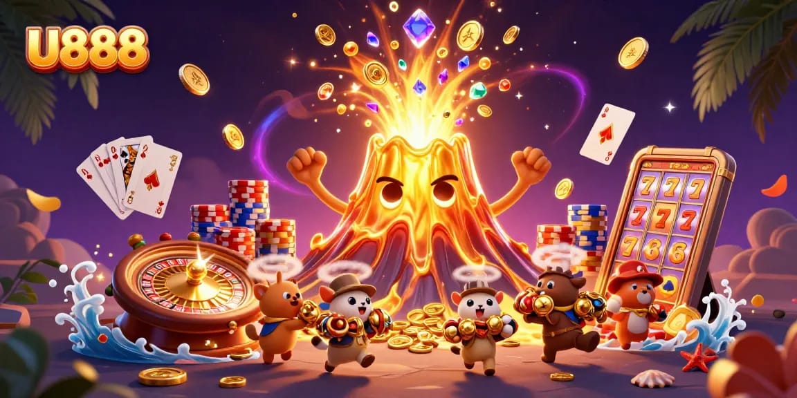 Experience winning moments with U888's vibrant casino adventure showcasing an erupting volcano of treasures.