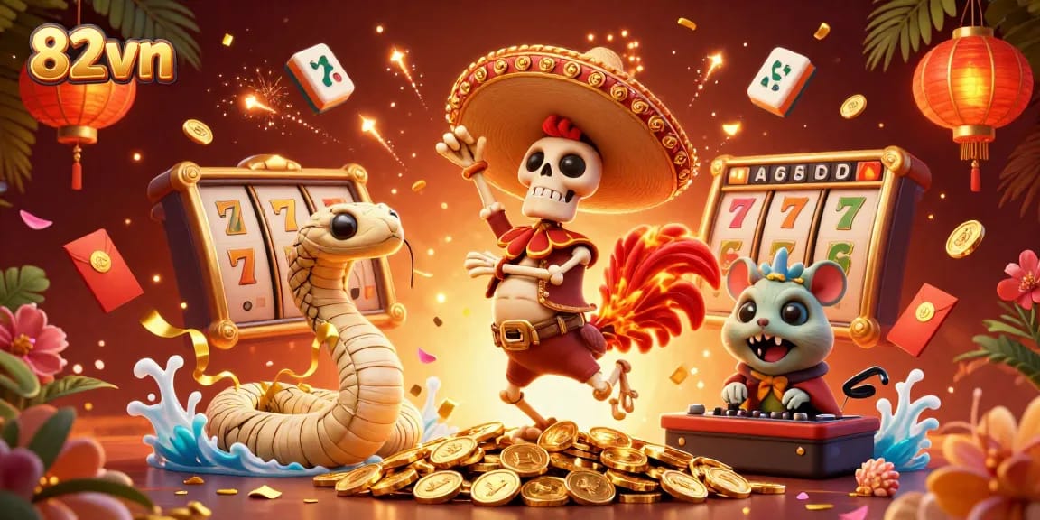 Celebrate your wins with 82vn's vibrant online casino experience featuring golden coins and dynamic characters.