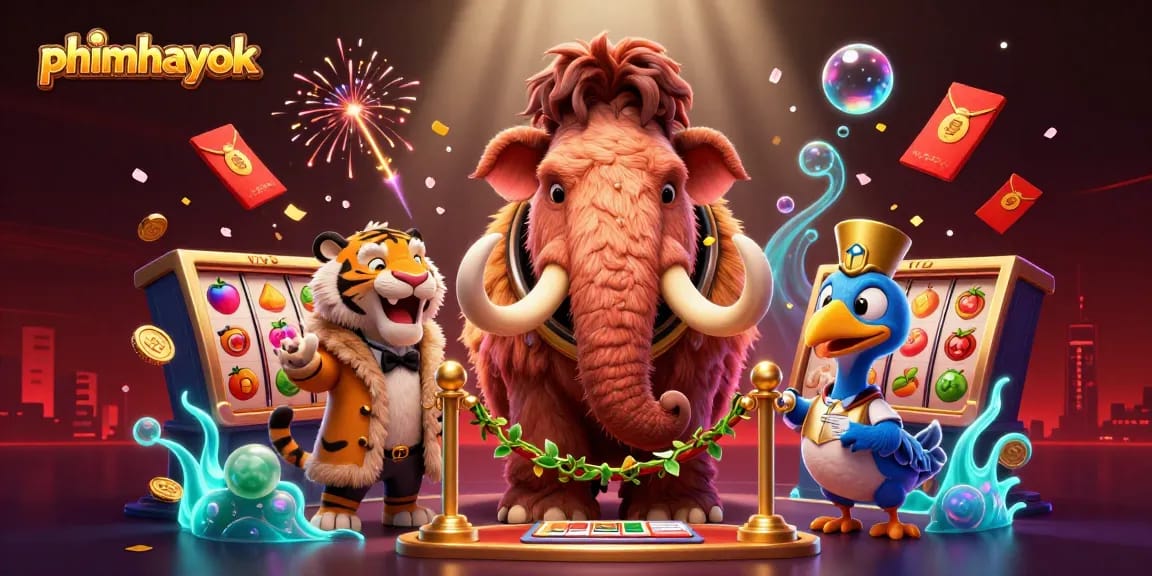 phimhayok showcases a vibrant casino entrance scene with a woolly mammoth bouncer, engaging gamblers to join the excitement