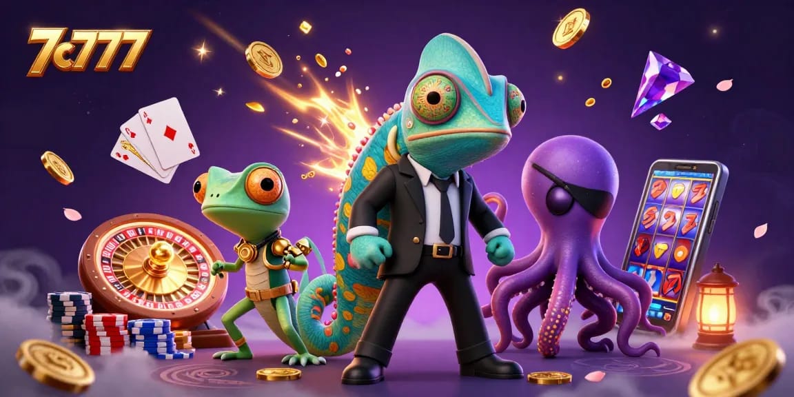 Experience thrilling gameplay with 7c777, featuring vibrant 3D cartoon characters and casino elements.