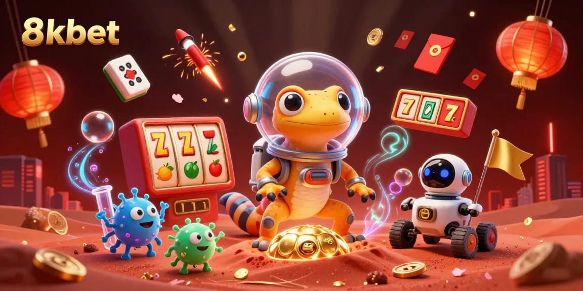 Experience winning moments with 8kbet's vibrant casino adventure illustration featuring slot elements and fun characters.