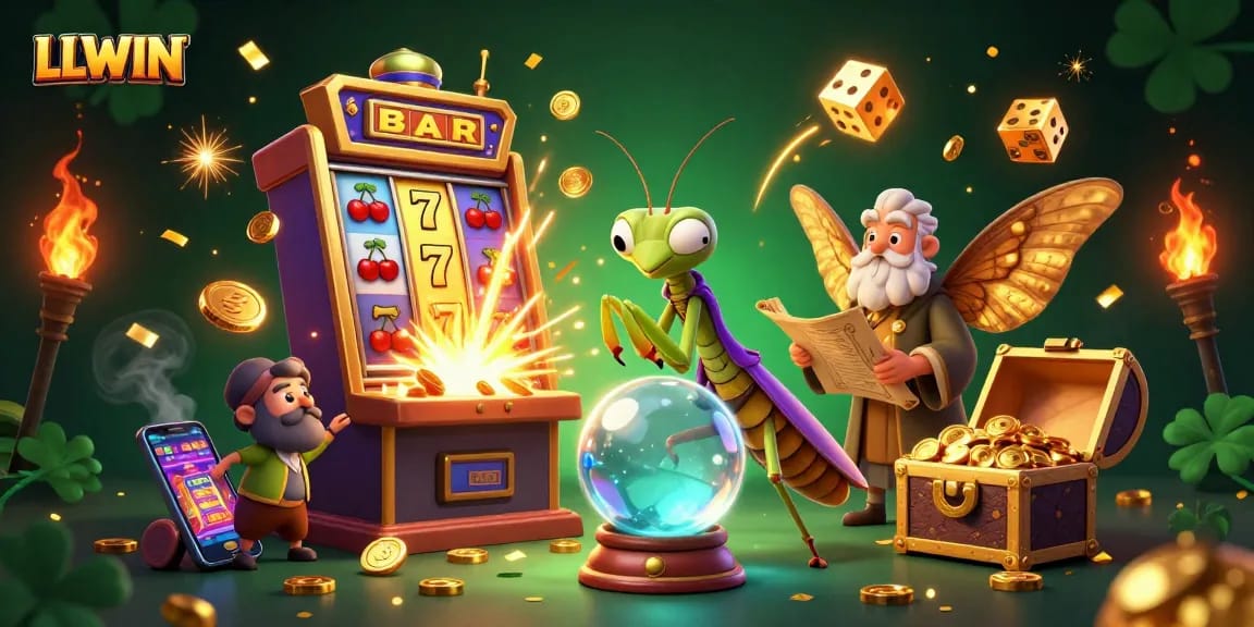 LLWIN showcases an exciting casino environment with a mystical fortune teller and vibrant gaming elements.