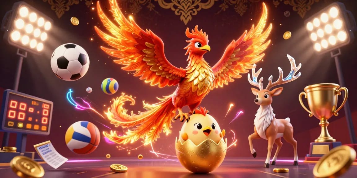 Experience thrilling gameplay at mu88 with a dynamic scene featuring a fiery phoenix, sports elements, and gold coins.