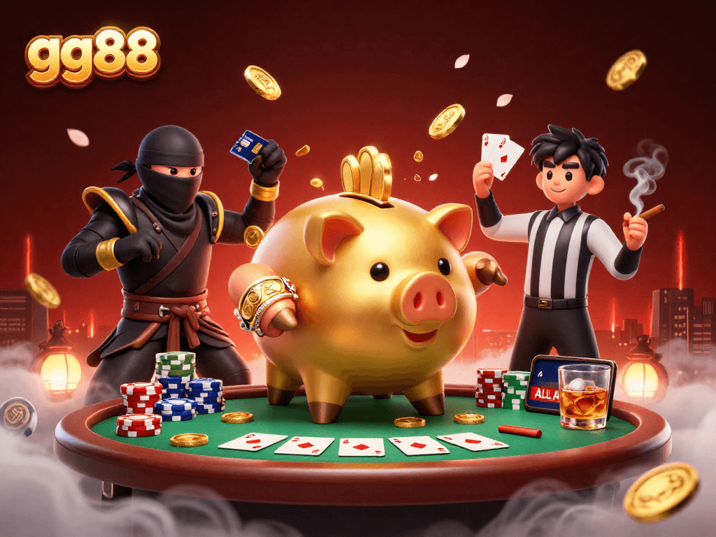 Engage with gg88's dynamic casino scene featuring characters battling over poker chips and golden coins.