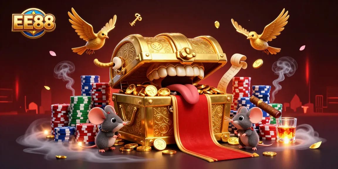 Experience thrilling gameplay at EE88 with cartoon characters and poker elements in a vibrant casino scene.