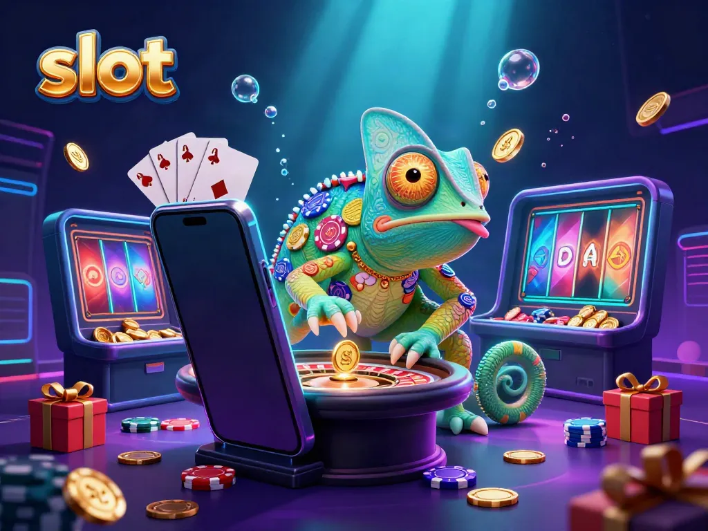 Capture the thrill of slot gaming with a colorful chameleon casino owner amid dynamic elements.
