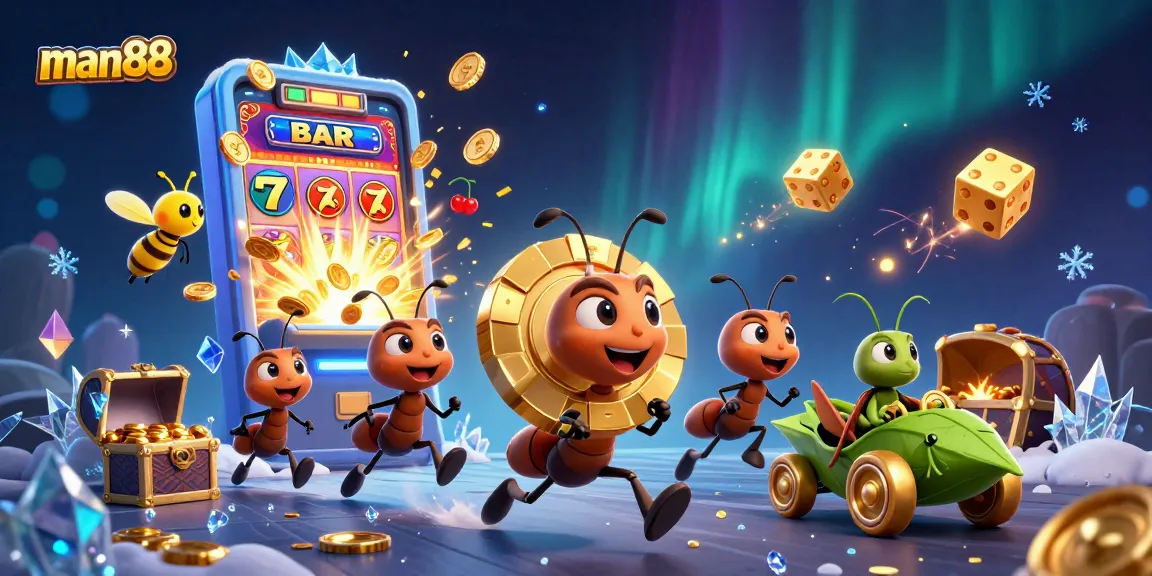 man88 features ants and characters in a vibrant casino heist scene with jackpot excitement