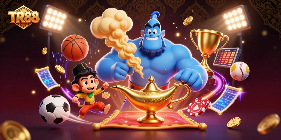 Experience thrilling gaming adventures with TR88 in a vibrant 3D casino scene filled with action and energy.