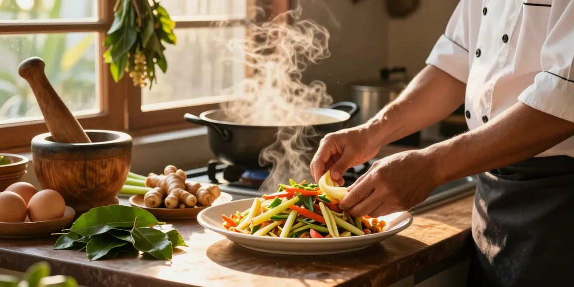 Prepare delicious and healthy Thai dishes featuring ginger, lemongrass, and nutritious ingredients in a cozy kitchen setting with สล็อต elements.