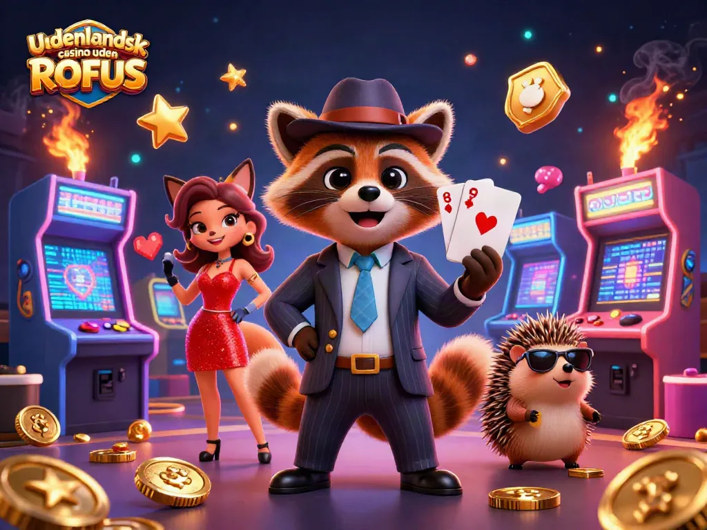 Engage with udenlandsk casino uden ROFUS featuring an animated raccoon and fox in a vibrant casino scene.