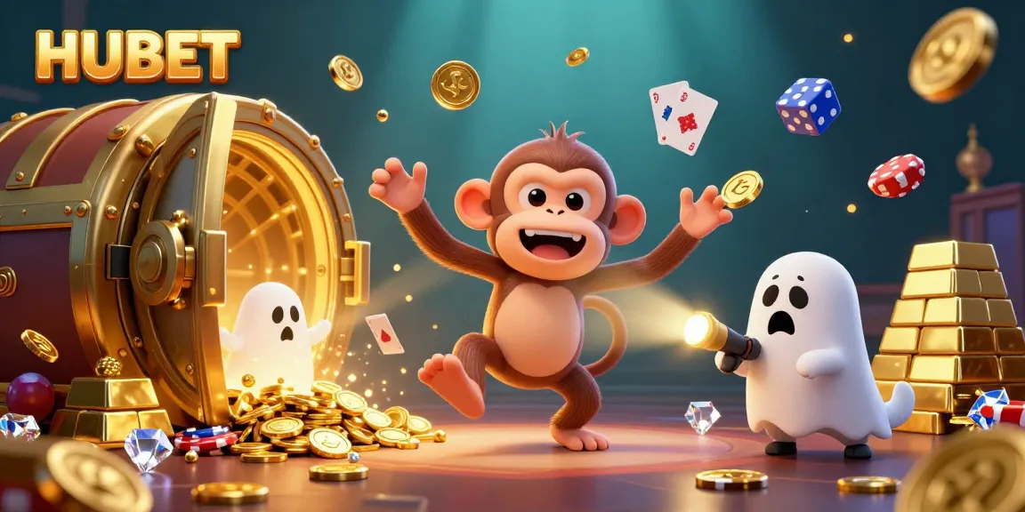 HUBET showcases a lively casino scene with a mischievous monkey and a curious puppy, revealing treasures and gambling excitement.