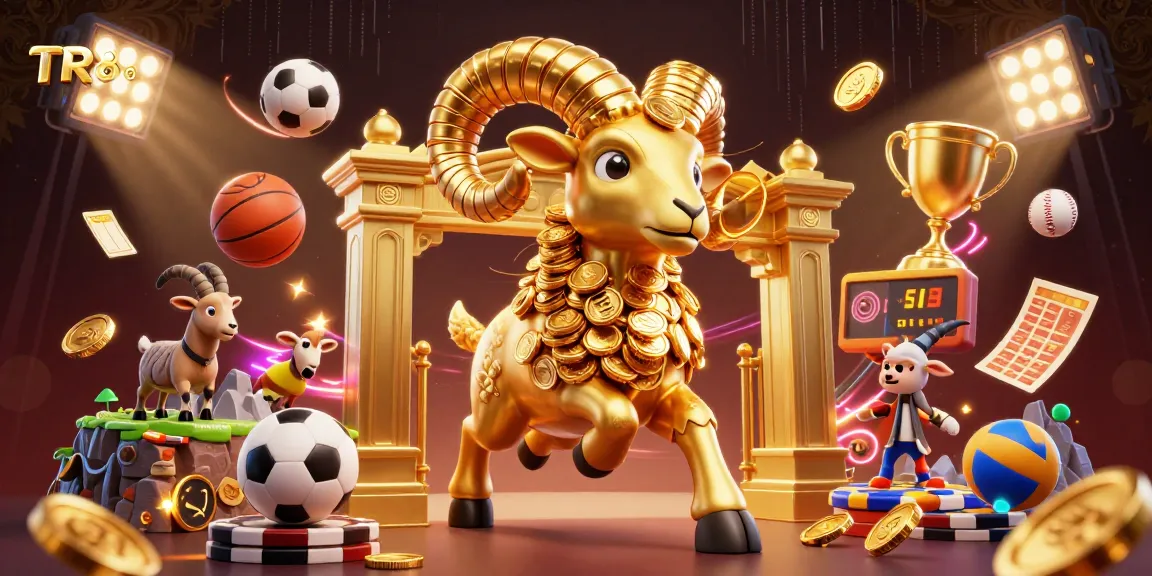 Engage with the TR88 casino experience featuring a golden ram and dynamic sports-themed elements.