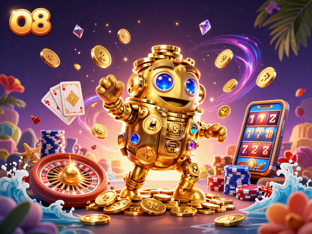 Experience the thrilling excitement of O8 with this vibrant casino illustration featuring a golem and floating coins.