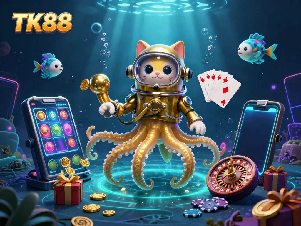 Engage in thrilling gameplay at TK88 with vibrant slot games and a majestic kraken accompanying your adventure.
