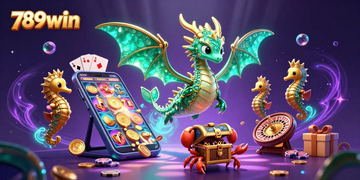 Experience casino excitement with 789win's captivating sea dragon scene filled with slots and treasures.