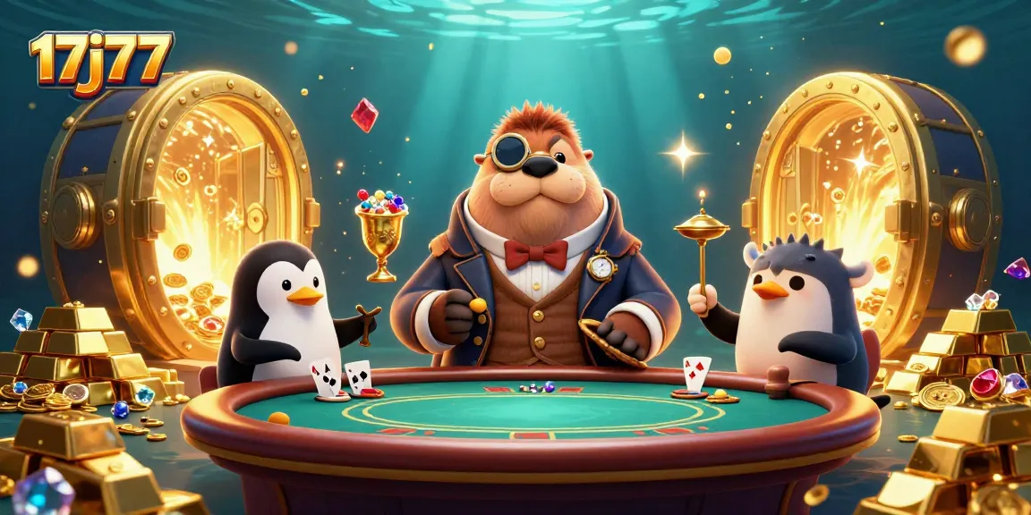 Experience the thrilling atmosphere of 17j77 with a jolly walrus at an underwater poker table.