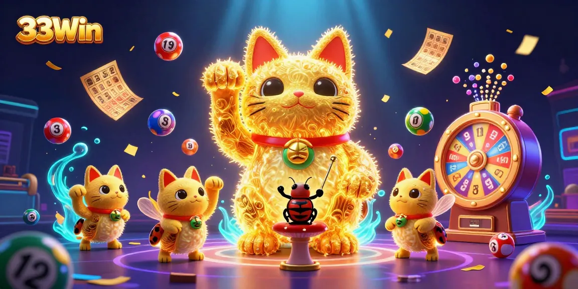 Engage with 33Win's dynamic gaming scene featuring a golden lucky cat and vibrant lottery elements.