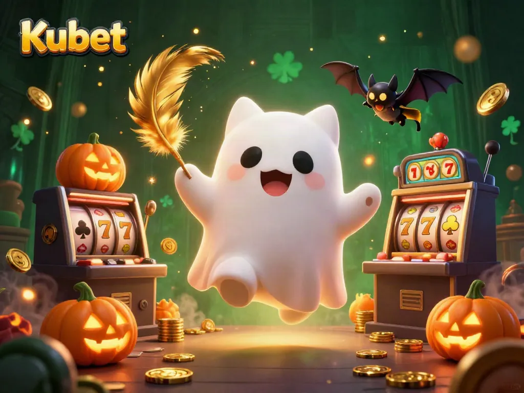 Kubet ghost cat and bat celebrate with glowing jack-o-lanterns in a thrilling casino scene.