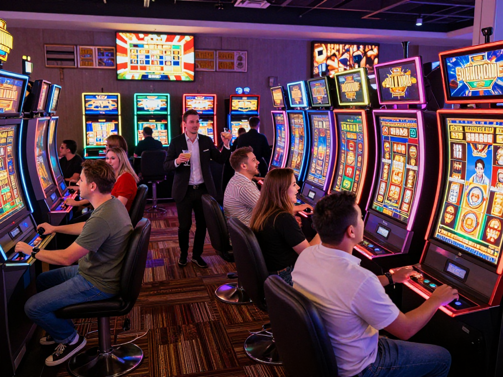 Exciting casino scene with players enjoying slot jackpot games, vibrant lights and lively atmosphere enhancing the experience.