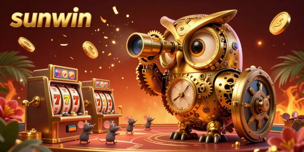 Experience thrilling slot action with sunwin's immersive 3D illustration of a golden owl and bustling casino scene.
