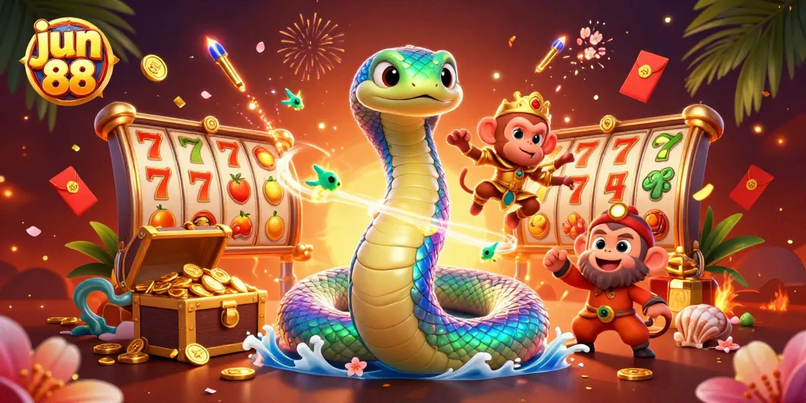Experience exciting gaming at jun 88 with vibrant characters, slot reels, and dynamic elements.
