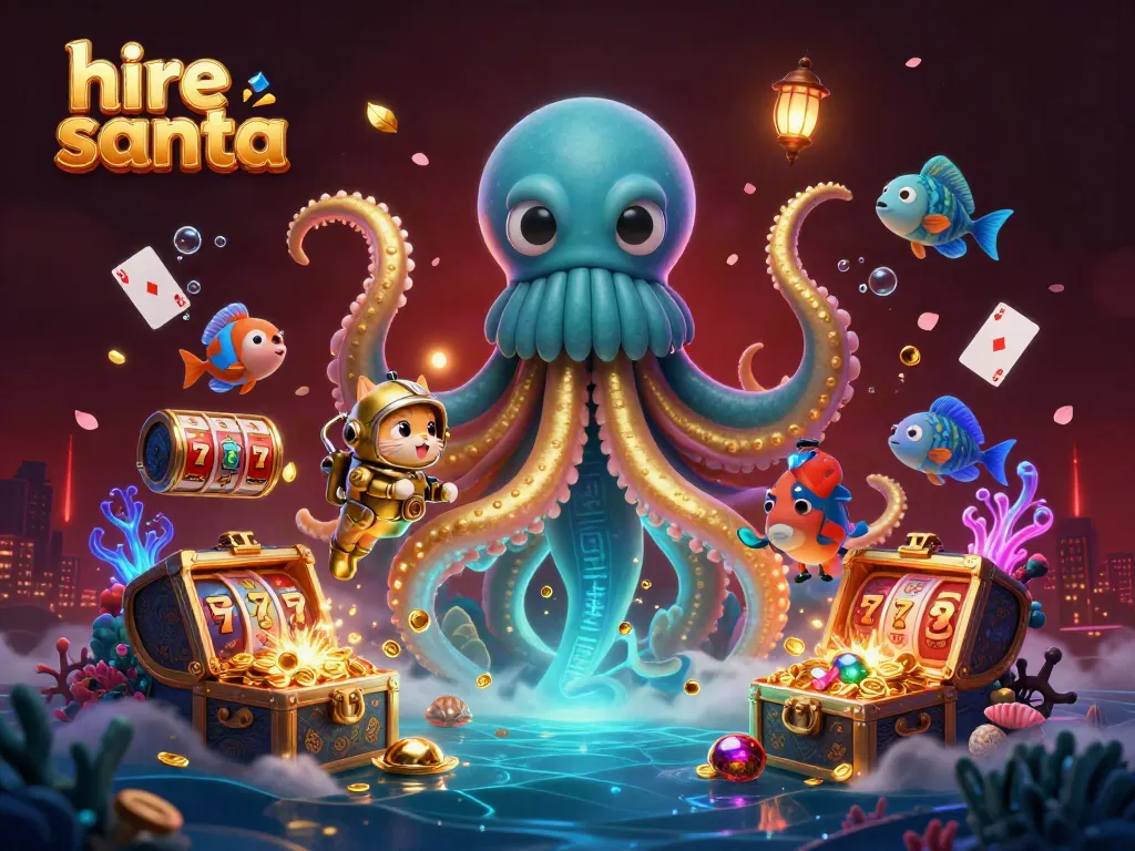 Hire Santa for your holiday event with a dynamic casino-themed scene, featuring a kraken and diving cat.