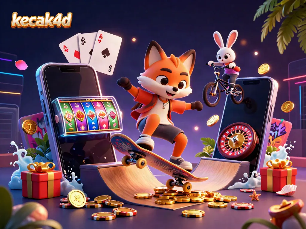 Engage with the dynamic gaming world of kecak4d, featuring a skateboarder fox and BMX rabbit amid casino elements.