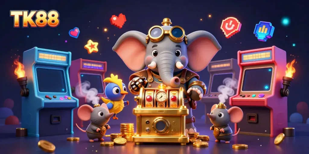 Experience thrilling gaming at TK88 with a vibrant steampunk themed casino scene featuring unique characters and dynamic game elements.