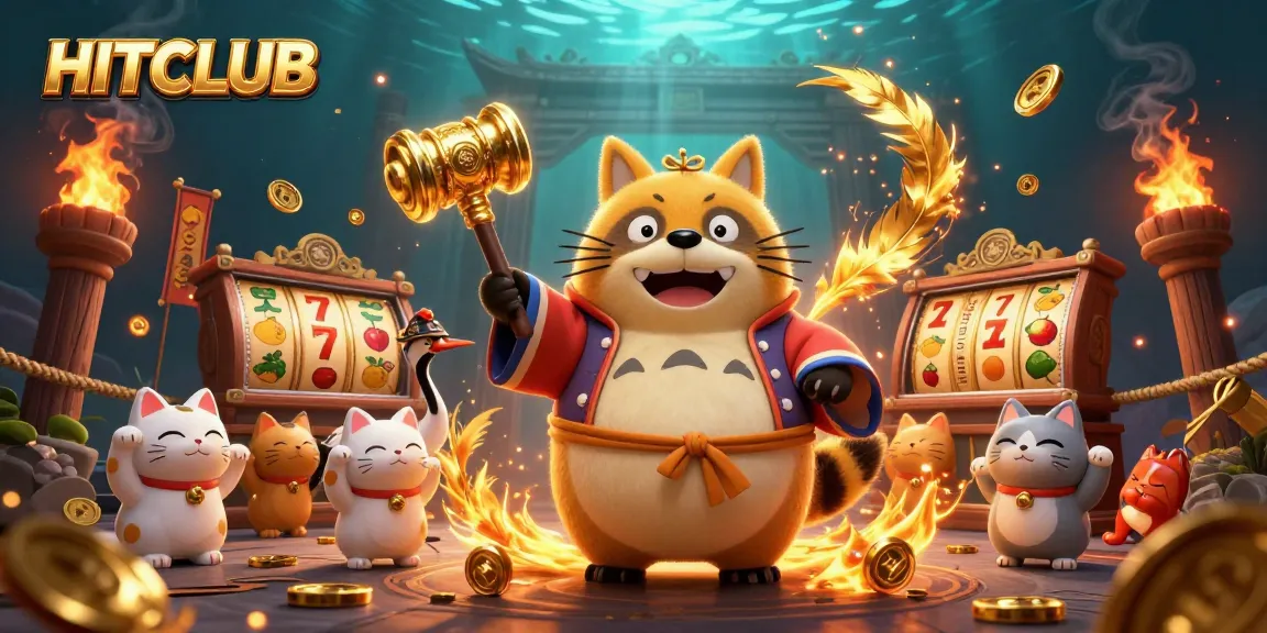HITCLUB presents an energetic scene with cheerful tanuki and crane amidst dynamic slot reels and casino elements.