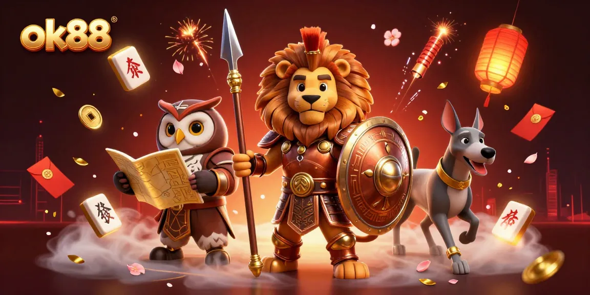 Join the fun with ok88, featuring a heroic Spartan lion and casino elements in an engaging scene.
