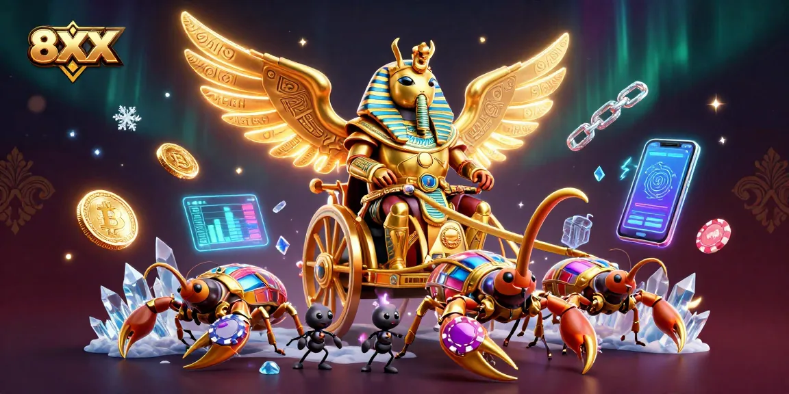 Explore the vibrant energy of 8XX with a colossal golden beetle in action amidst glowing cryptocurrency elements.