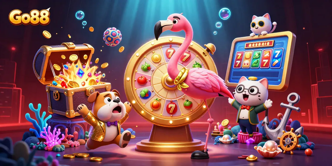 Spin the Go88 prize wheel with the flamingo host and bulldog in a vibrant, cinematic casino scene.