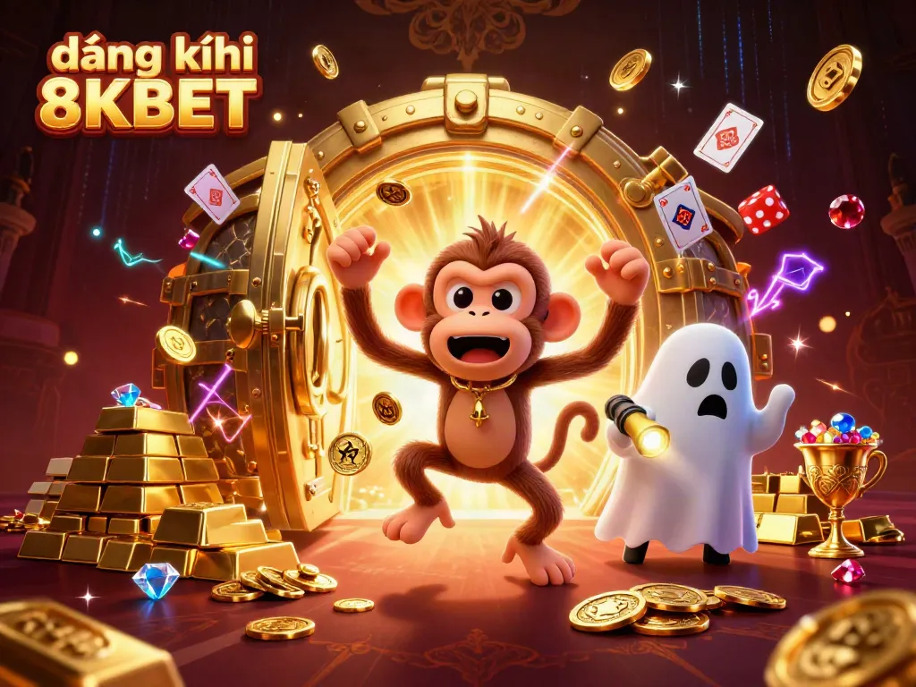 Experience the thrill of đăng ký 8KBET with a 3D illustration featuring a mischievous monkey and a curious puppy in a haunted casino.