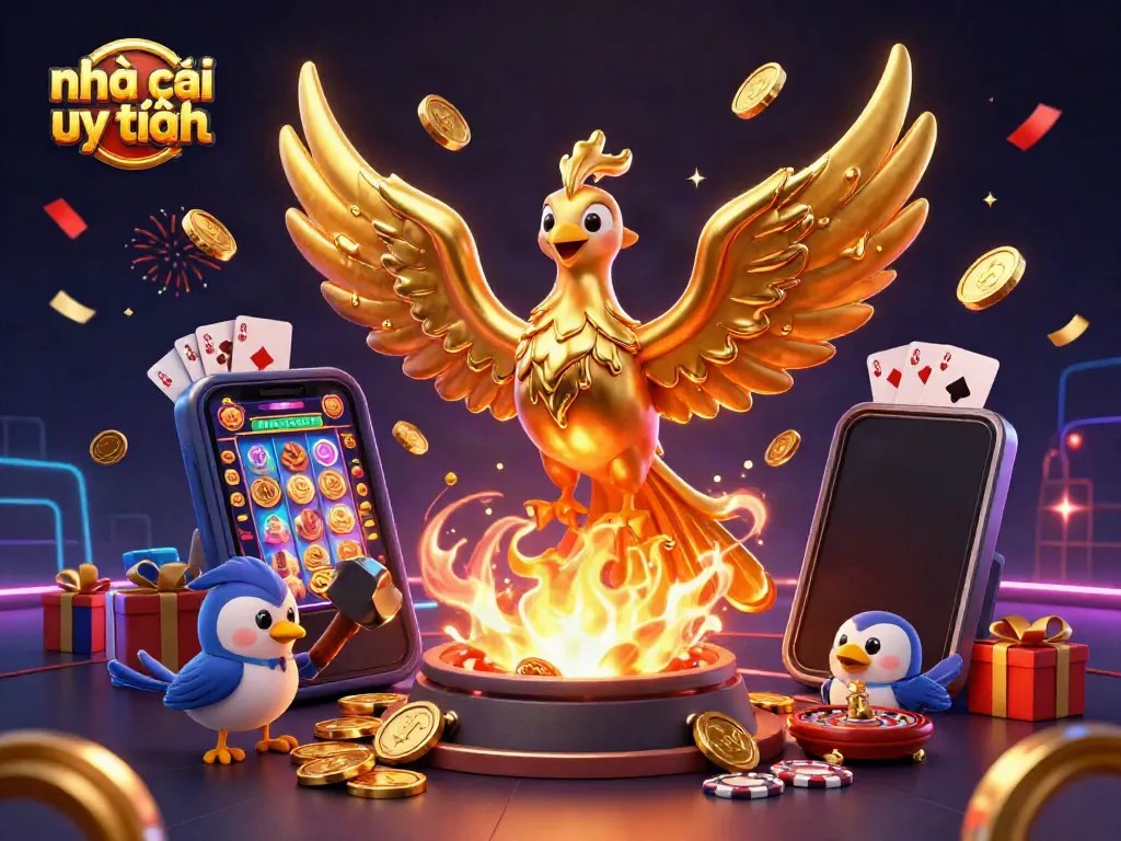 Experience the thrill at nhà cái uy tín, with golden coins and colorful slot games enhancing your gambling excitement.