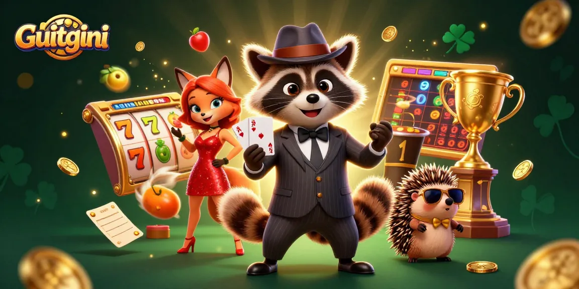 Bet on Guitgini with a royal flush featuring a suave raccoon and charming fox at the casino.