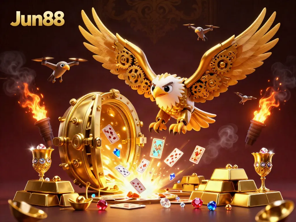 Experience the thrill of Jun88 with a golden eagle soaring through holographic cards and treasure in a captivating casino scene.